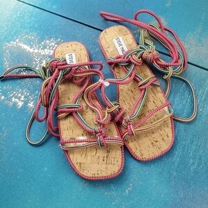 Steve Madden 6.5 Sensible Sandals in Multicolor Pink Blue‎ Yellow tie wrap Ankle